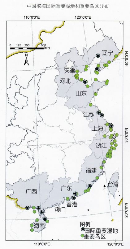 中国滨海国际重要湿地和重要鸟区分布。资料来源：中国滨海湿地保护管理战略研究项目组
